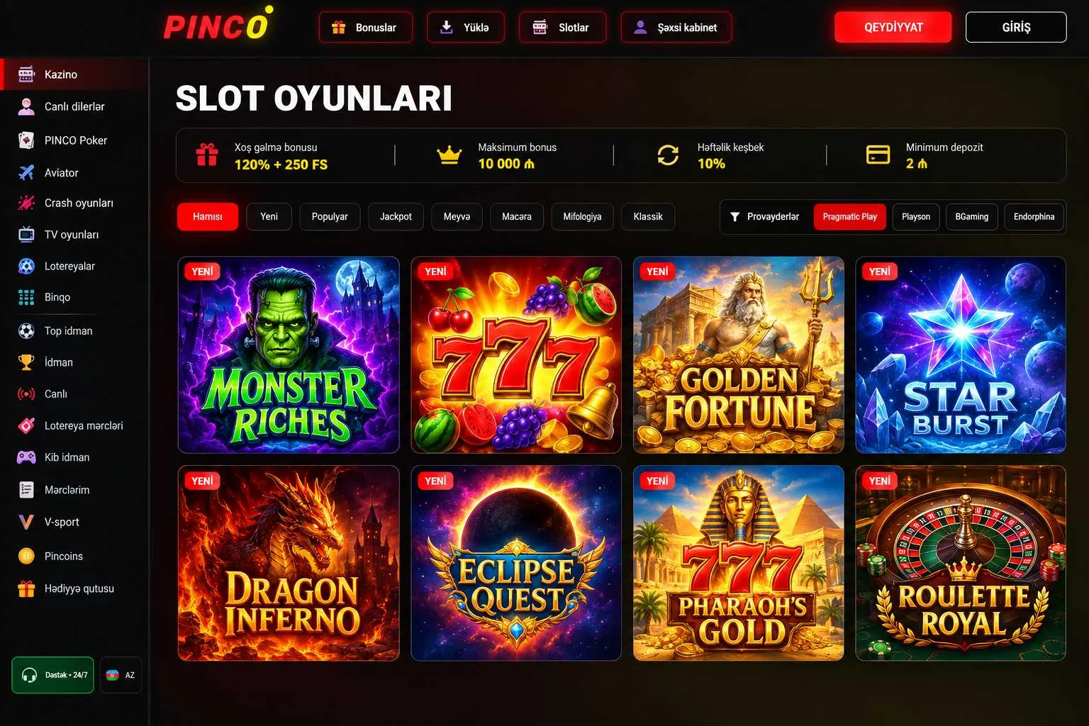 Pinco slot və Pinko slot seçimləri — Pinco bonus